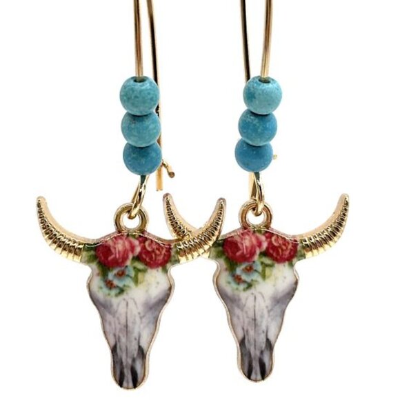 Western Cowgirl Floral Rose Motif Cattle Skull Lightweight Drop Earrings New - Picture 2 of 4